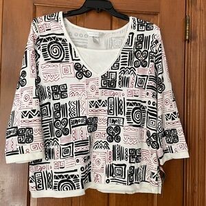 Napa Valley White, Black, & Red Top with “Faux” Cami & Bead Detail, NWT, Size XL